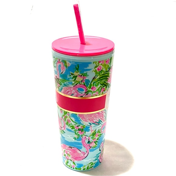 Lilly Pulitzer Flamingo Tumbler with Straw Blue/Pink Multi 24oz - Picture 6 of 13